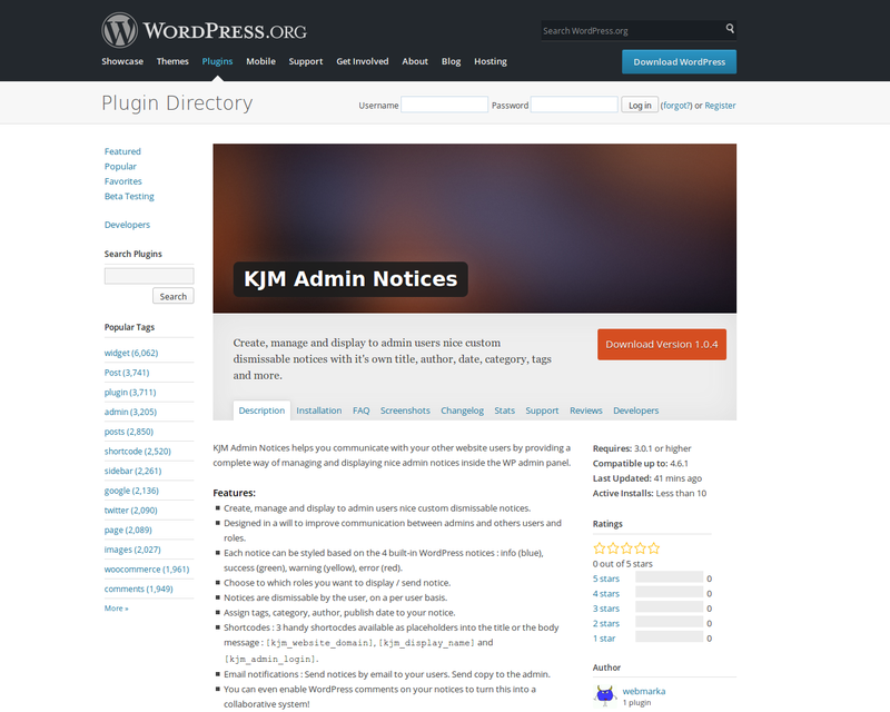 KJM Admin Notices sur WordPress.org